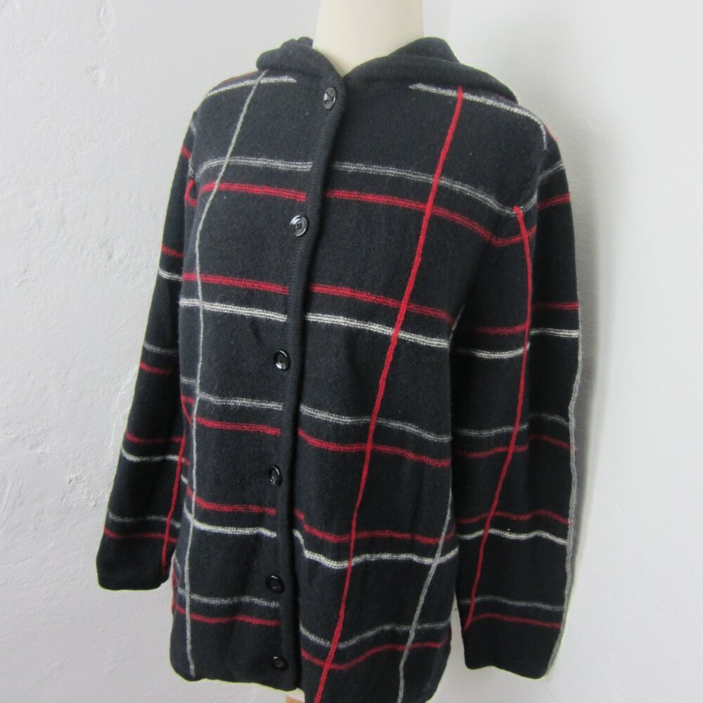 Vintage Cherokee Women's Size Small Black Plaid Wool Hooded Button Up Cardigan